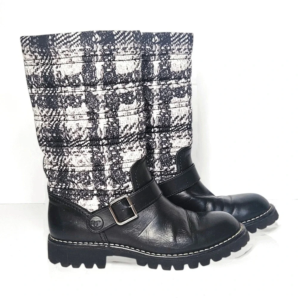 Chanel Calfskin Tweed Nylon Printed Boots 37.5 Black CC Logo Lug Sole